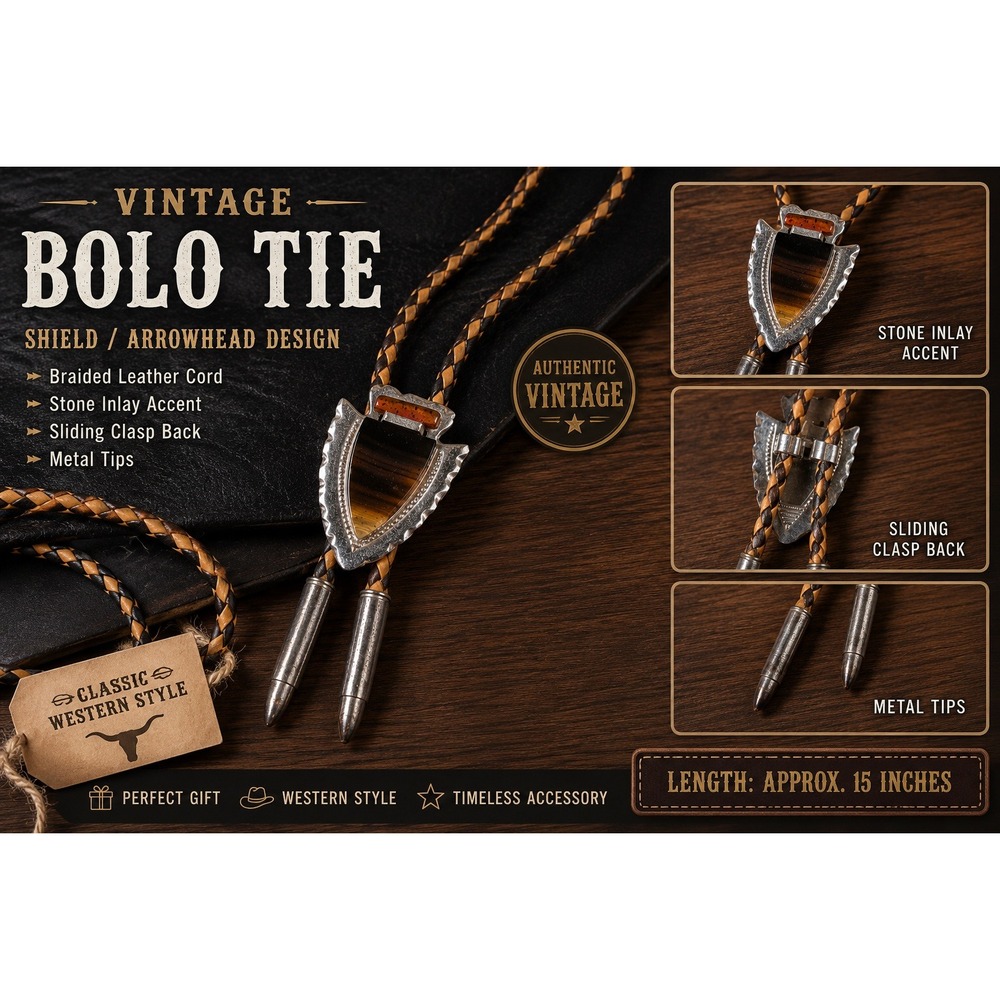 Vintage Arrowhead Bolo Tie Banded Agate Silver Tone Bullet Tips Braided Leather